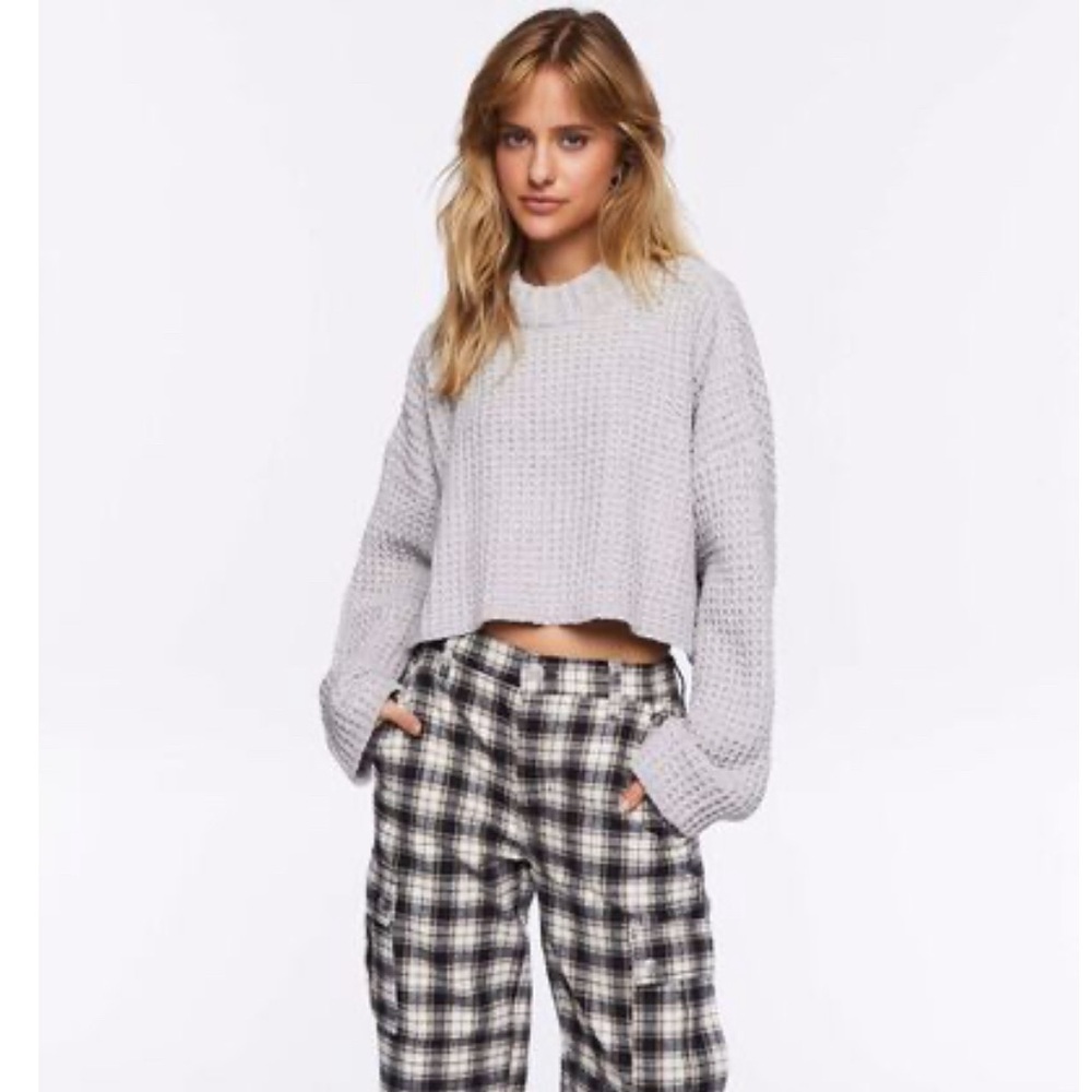 Forever 21 Waffle Knit Weave Crop Oversized Long Bell Sleeve Sweater Size Small